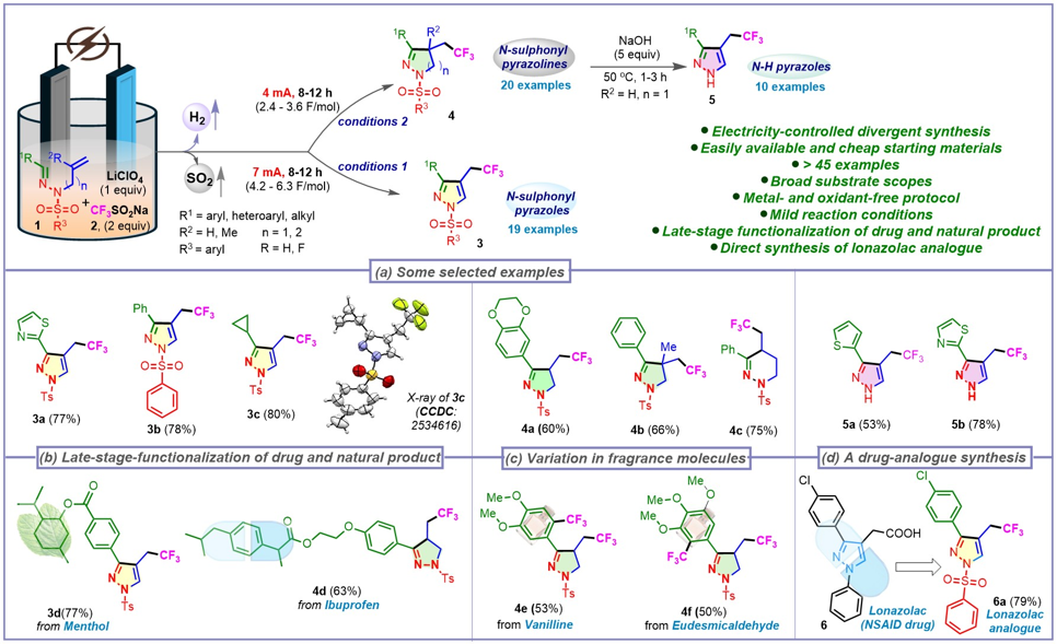 Figure 1: Electricity-controlled, selective synthesis of 4-fluoroalkyl-substituted N-sulfonylpyrazolines, N-sulfonylpyrazoles and N-H pyrazoles. Electricity-controlled, divergent synthesis: (a) Some selected examples of 4-fluoroalkyl-susbtituted N-sulfonylpyrazolines, N-sulfonylpyrazoles and N-H pyrazoles, (b) late-stage functionalization of drug and natural product, (c) Lonazolac drug analog.