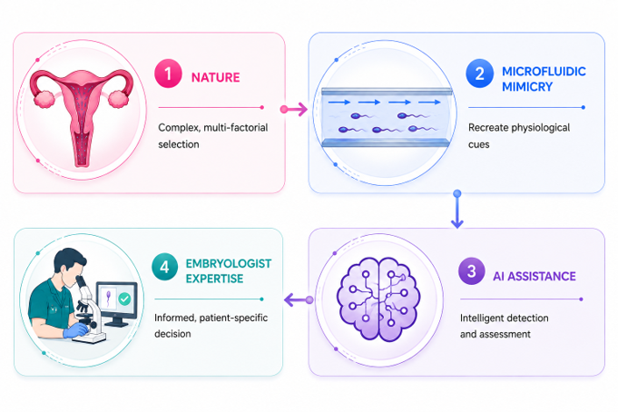 Figure 1: From Biomimetic Microfluidics to Intelligent Sperm Selection. A Potential workflow for next generation sperm selection: biomimetic microfluidics recreates selected features of the reproductive environment, AI assists sperm detection and assessment, and the embryologist integrates this information for final clinical selection.