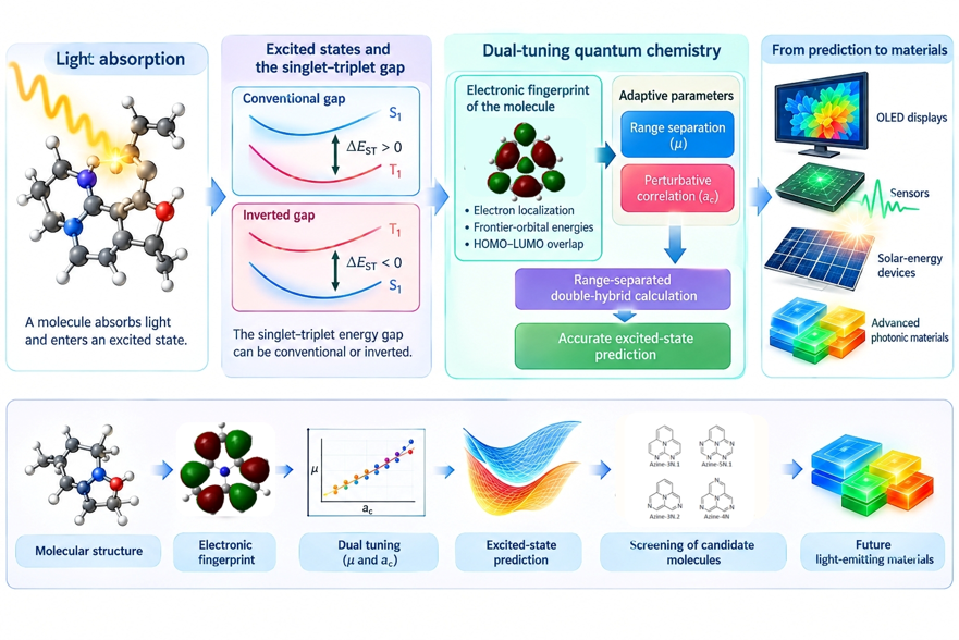 Figure 1. From Molecular Excitations to Future Light-Emitting Materials: A Dual-Tuning Approach. Schematic representation of the dual-tuning framework for predicting molecular excited states. Electron localization, frontier-orbital energies, and HOMO-LUMO overlap provide an electronic fingerprint of the molecule, guiding the selection of the range-separation parameter μ and perturbative correlation coefficient ac. The resulting range-separated double-hybrid calculations aim to improve the prediction of conventional and inverted singlet–triplet gaps, supporting future computational screening and design of advanced light-emitting and photonic materials.